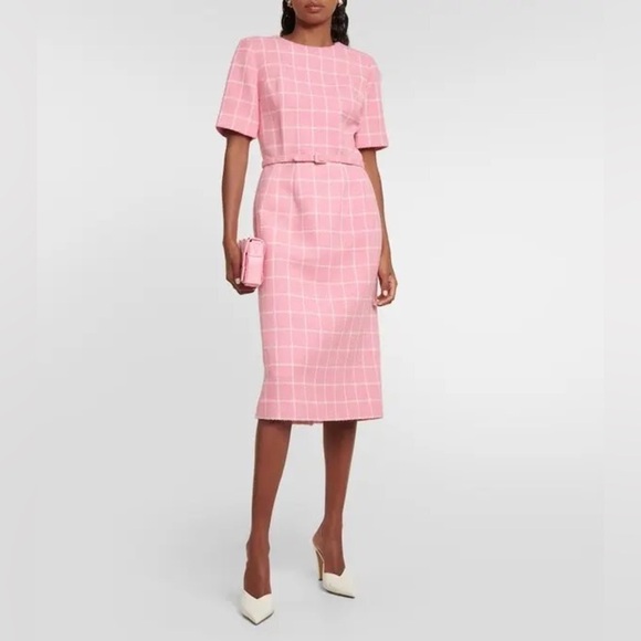 OSCAR DE LA RENTA Fall 2023 Pink & White Windowpane Tweed Boucle Dress Sz 10 NWT - Picture 3 of 15